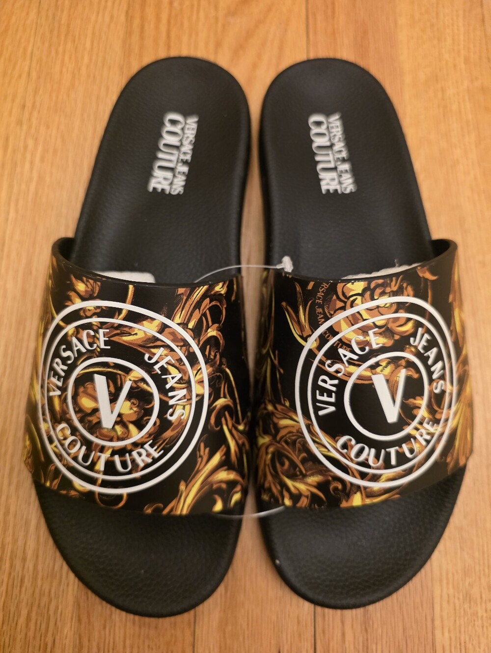 New GUARANTEED AUTHENIC Versace Jeans Couture Black & Gold Baroque Slide Sandals